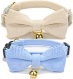 Soft Corduroy Cat Collar, Plaid Pattern, with Bell and Bowtie, Quick Release,Safety Breakaway Clasp, Adjustable for Kitten and Cats.(White+Blue)