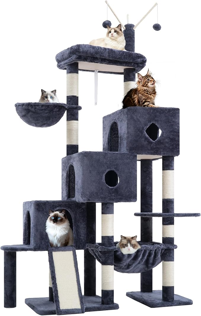 Hey-brother Cat Tree Tower, Scratching Posts with 3 Condos, Large Basket, Cozy Bed, Sisal Board, Step-by-Step Climbing Pathway and Toys, 74.8 inches Furniture for Big Indoor Cats, Smoky Gray MPJ081G