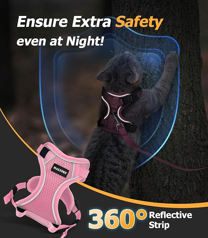 Halypet Cat Harness and Leash Set [MAX Safety 4th-Gen Upgrade] Escape Proof Adjustable Cat Leash Comfortable Soft Vest Easy to Wear Kitten Harness with Reflective Strip for Cats Walking, M Pink