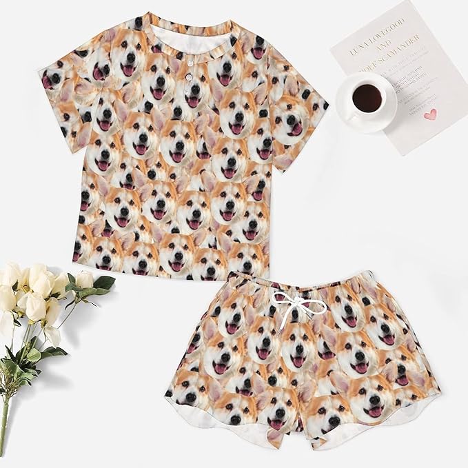 D-Story Custom Short Pajama Set with Pet Face Personalized Photo Sleepwear 2 Pieces Pjs Nightwear Xmas Gift for Women