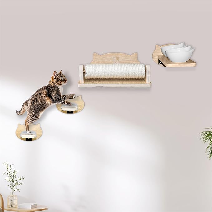 Big Cat Wall Shelves with 3 Steps, Wall Furniture for Large Cats, Feeding Shelf, Mounted Cat Bed, Easy Installation Modern and Durable Shelves for Cats.