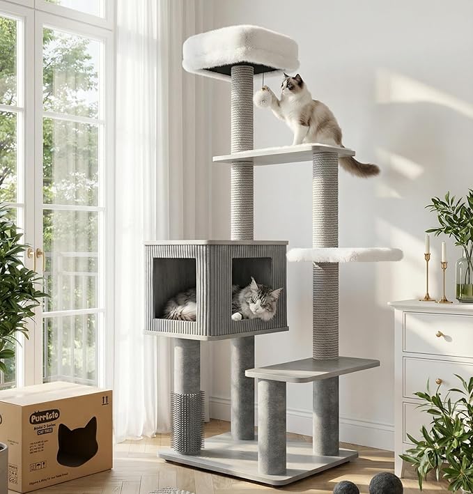 Maine Coon Cat Tree for Large Cats, Modern Cat Tree Tower with Plush Platforms, Heavy Duty Cat Trees for Indoor Cats Large Adult, Gray Sisal Posts, Scratching Post for Indoor Cats