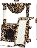 SYANDLVY Leopard Print Cat Tree for Indoor Cats, Small Cat Tower with Scratching Post & Board, Modern Activity House Condo with Cradle, Hanging Ball for Play, Kittens Cave