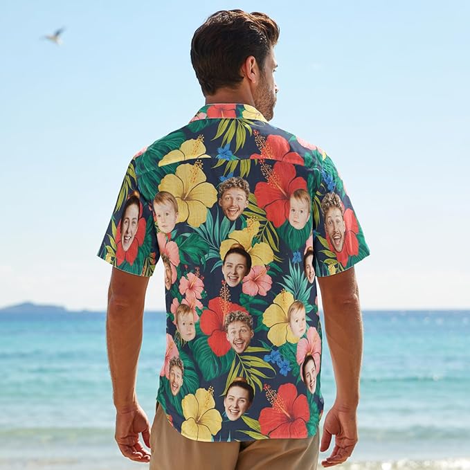 Custom Hawaiian Shirt with Face for Men, Unisex Tropical Beach Shirts Personalized Casual Funny Hawaii Button Down Shirts