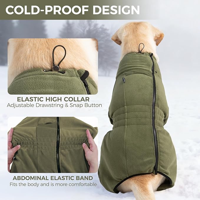 Mihachi Dog Snow Jacket Dog Coat Soft Fleece Pullover Pajamas, Pet Windproof Warm Cold Weather Jacket with Zipper, Reflective Jumpsuit Apparel Outfit Clothes for Large Dog, Army Green XL