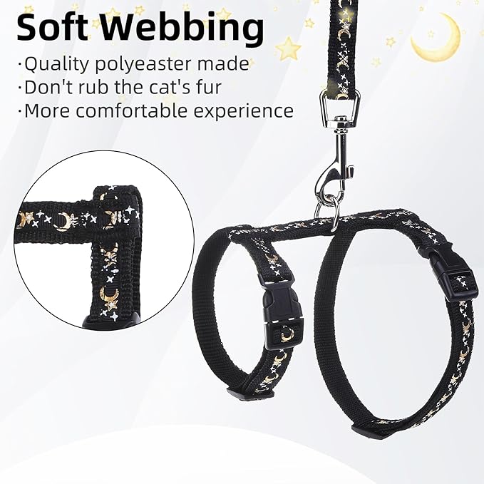 PUPTECK Adjustable Cat Harness and Leash Set Escape Proof Kitten Strap Collar for Walking Travel, Moon&Star, M