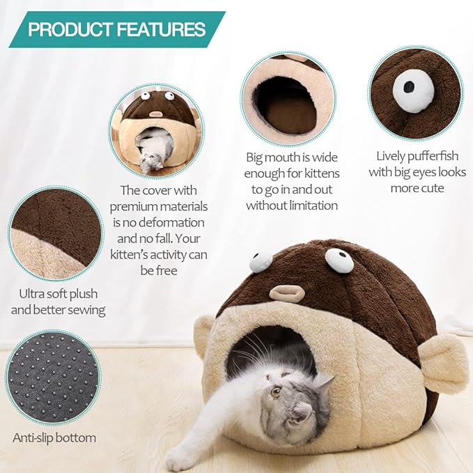 Cat Beds for Indoor Cats - Cat Bed Cave with Removable Washable Cushioned Pillow, Soft Plush Premium Cotton No Deformation Pet Bed, Lively Pufferfish cat House Design, Brown, Multiple Sizes