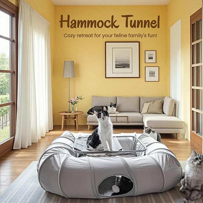 XxingSheep 2-Tier Cat Tunnel & Hammock Bed XXL, 4 Cave Shuttle with Elevated for Multiple Cats Toy Light Grey
