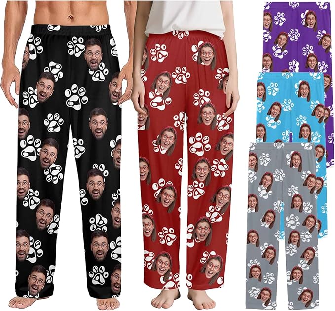 Custom Couple Pajama Pants Sock with Funny Face, Personalized PJ Anniversary Birthday Women Men Pants