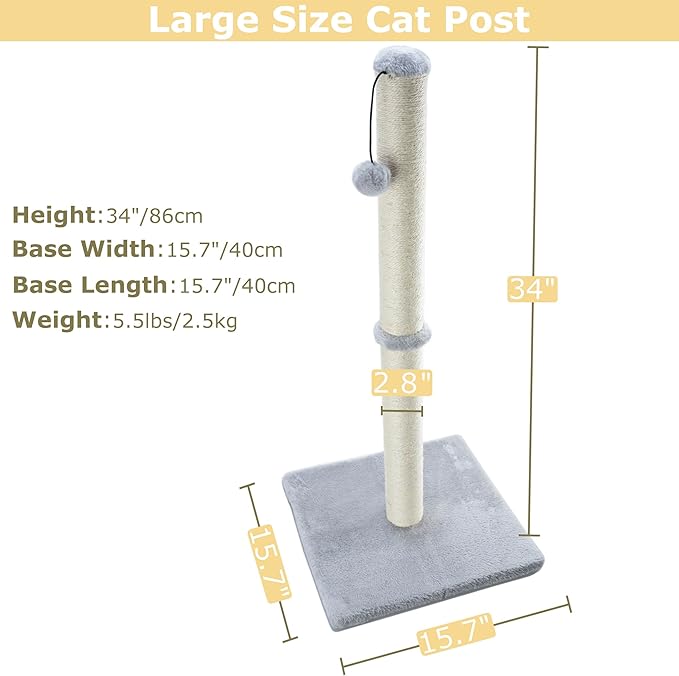 Dimaka 34" Tall Cat Scratching Post for Large Cats and Kittens, High Vertical Scratcher with Premium Natural Sisal Rope and Interactive Hanging Ball for Indoor Cat(Grey, 34 inches for Large Cats)