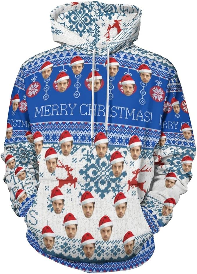 Artsadd Custom Face Unisex athletic Pockets Sweatshirt Loose Hoodie Custom Christmas Long Sleeve Sweatshirt Hooded Pullover