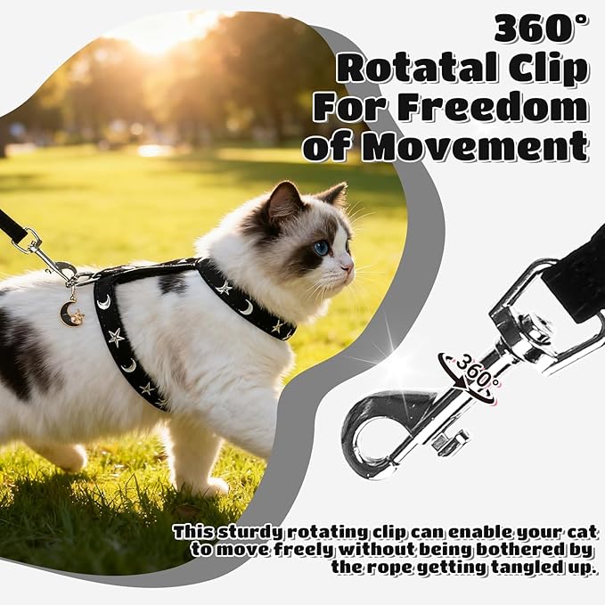EXPAWLORER Cat Harness and Leash Set - Escape Proof Adjustable Cat Harness, H-shped Comfortable Soft Lightweight Kitten Harness for Outdoor Walking, for Small Medium Cats,Star-Moon M
