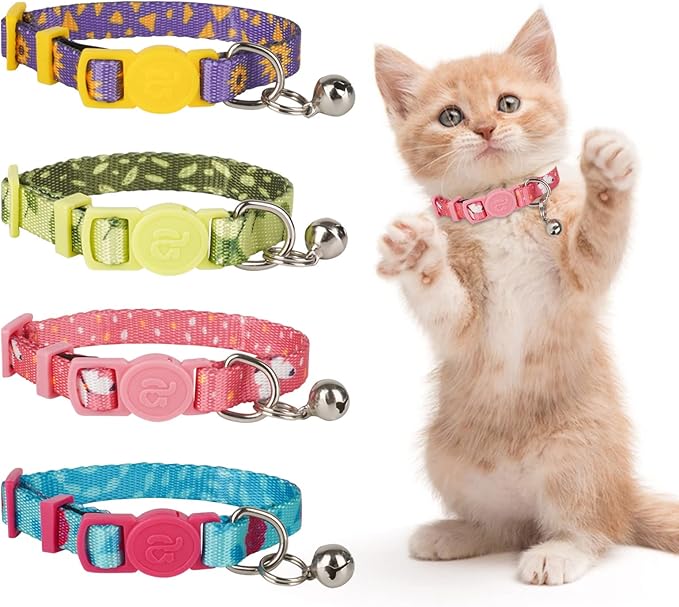 azuza 4 Pack Kitten Collar Breakaway with Bell,Quick Release Safe Buckle Adjustable Baby Kitten Collars, Floral Print Rose/Ginkgo/Sunflower/Butterfly