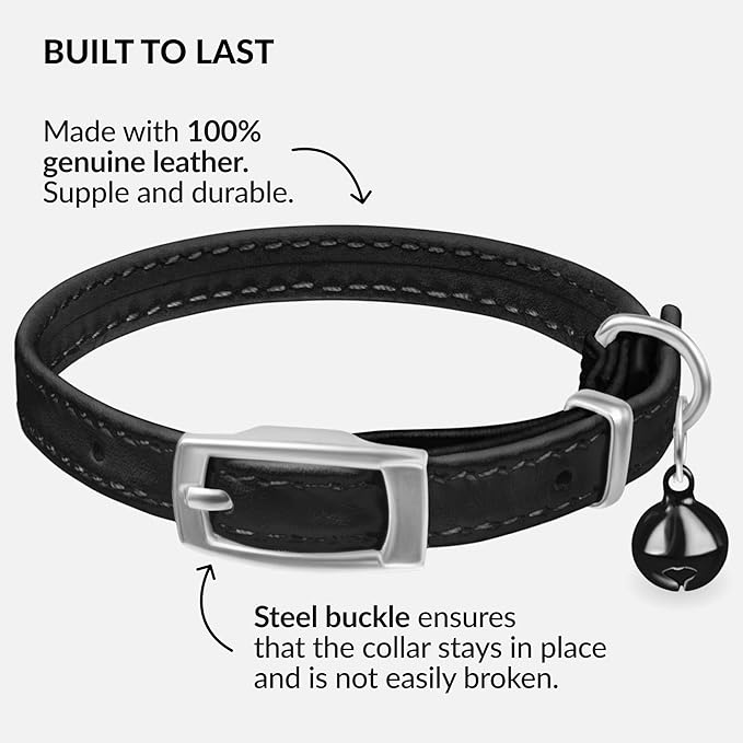 CollarDirect Leather Cat Collar with Bell - Kitten Collar, Small and Big Cat Collar for Boy Cats, Girl Cats with Safety Elastic Strap (Neck Fit 8"-11", Black)