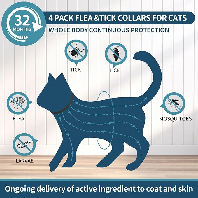 Flea Collar for Cats 4 Pack, 32 Months Flea and Tick Prevention for Cats Collar, Waterproof Cat Flea Collar, Natural Cat Flea and Tick Treatment Collar, Adjustable Flea Collar for Cat Kitten, Black