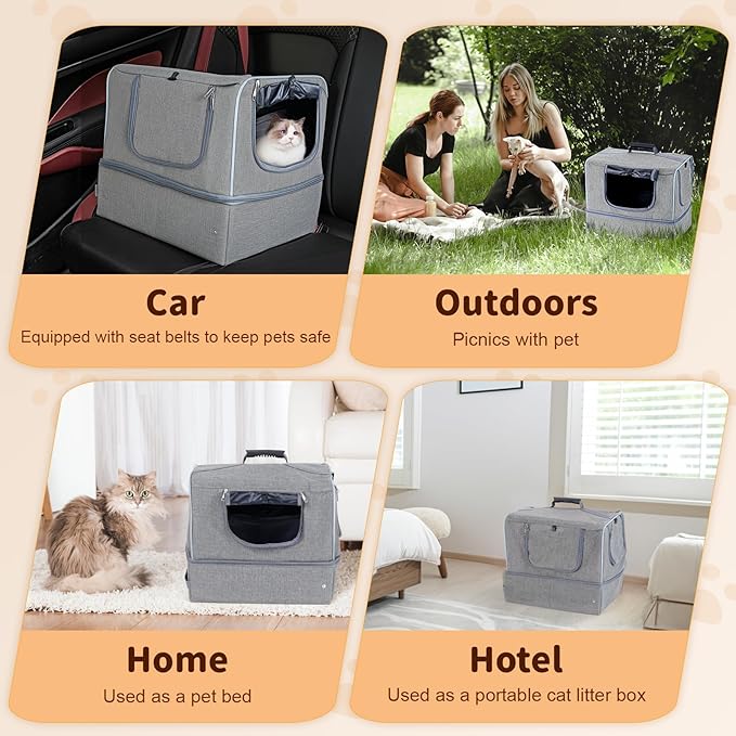 Cat Enclosed Travel Litter Box Kit with Lid Odorless Dustless, Lightweight Cat Portable Foldable Litter Box for Indoor and Car