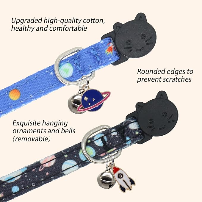 Cat Collar Breakaway, 2 Pack Cotton Cats Collars with Bells, Cute Planet Shaped for Girl Boy Kittens