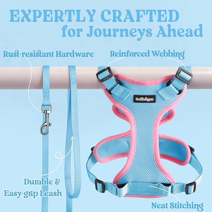 rabbitgoo Cat Harness and Leash for Walking, Escape Proof Soft Adjustable Vest Harnesses for Cats, Easy Control Breathable Reflective Strips Jacket, Light Blue&Pink, S
