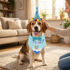 Pet Birthday Party Set with Hat and Bandana for Dogs and Cats with Star Pattern Design, Adjustable Sequin Bow tie Accessories, Blue Birthday Boy Scarf (Blue)