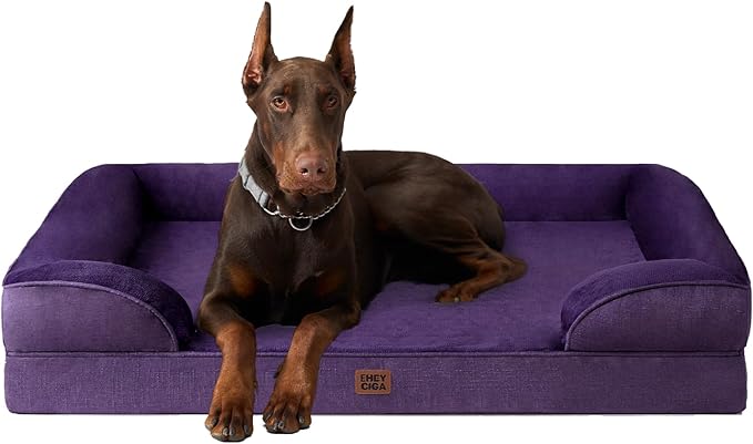 EHEYCIGA Orthopedic Dog Beds for Extra Large Dogs, Waterproof Memory Foam XXL Dog Bed with Sides, Non-Slip Bottom and Egg-Crate Foam Big Pet Couch Bed with Washable Removable Cover, Purple