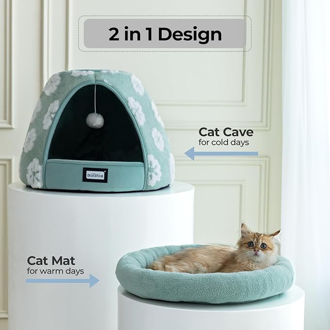BALANCE Cat Beds for Indoor Cats, 2-in-1 Cat Bed Cave with Anti-Slip Bottom and Ultra-Soft Plush, Cozy Cats House Tent for Kittens and Small Dogs, 19 Inches, Green