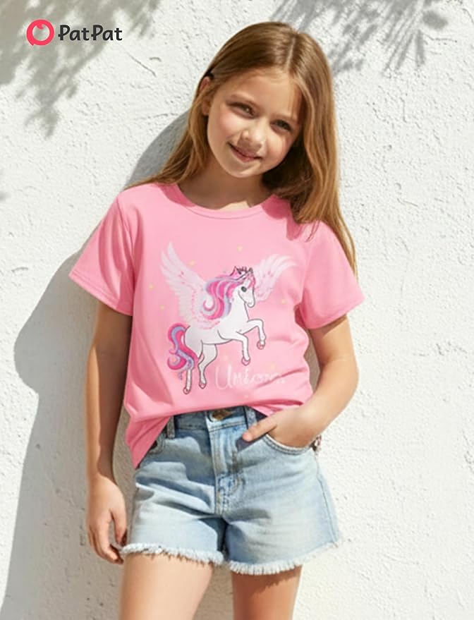 PATPAT Girls Crewneck Short Sleeve Graphic Tees Animal Print Shirts Cute Summer Outfits 5-12 Years