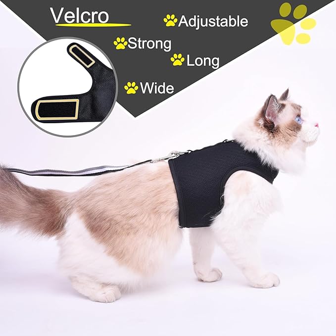 Cat Harness and Leash for Walking Escape Proof Breathable Mesh Fabric, Solid Black, Extra Large, Adjustable Cat Walking Jackets, Padded Stylish Cat Vest