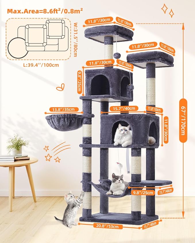 Taoqimiao Cat Tree, 66.2-Inch Cat Tower for Indoor Cats, Plush Multi-Level Cat Condo with 7 Scratching Posts, 2 Perches, 2 Caves, Hammock, 2 Pompoms, Smoky Gray MS013G
