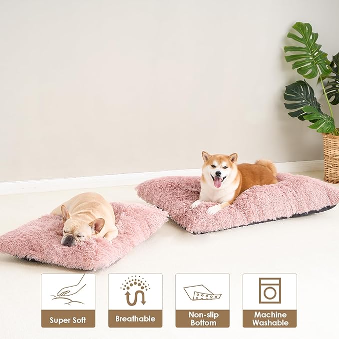 EHEYCIGA Fluffy Dog Crate Bed for Medium Dogs, Plush Faux Fur Pet Crate Pad, Calming Anti Anxiety Medium Pet Bed, Washable Soft Warm Dog Mat with Non-Slip Bottom, Pink