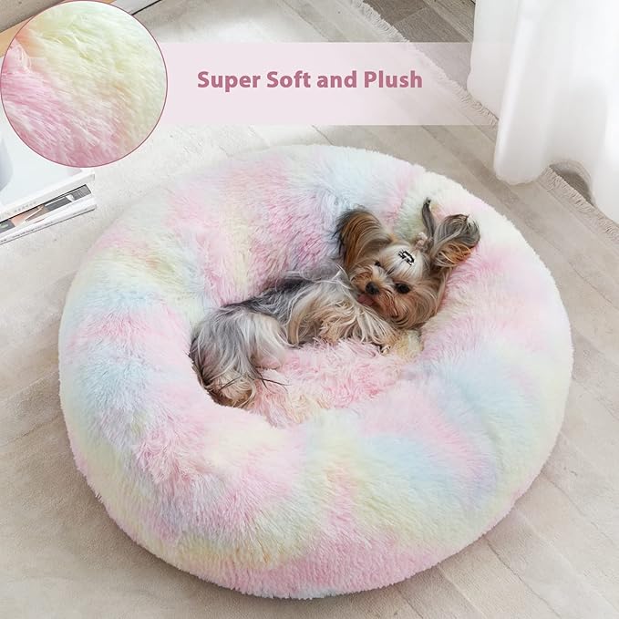 WNPETHOME Calming Dog Bed Cat Bed Donut, Faux Fur Pet Bed Self-Warming Donut Cuddler, Comfortable Round Plush Dog Beds (20 x 20 x 8 Inch, Rainbow)