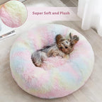 WNPETHOME Calming Dog Bed Cat Bed Donut, Faux Fur Pet Bed Self-Warming Donut Cuddler, Comfortable Round Plush Dog Beds (20 x 20 x 8 Inch, Rainbow)