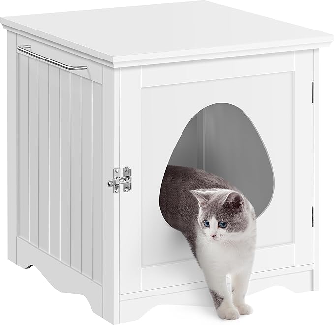 Yaheetech Cat Litter Box Enclosure, Litter Box Furniture Hidden with Towel Bar, Wooden Pet Washroom, Dog Proof Cat Litter Box Cabinet, Indoor Cat House, Side End Table, White