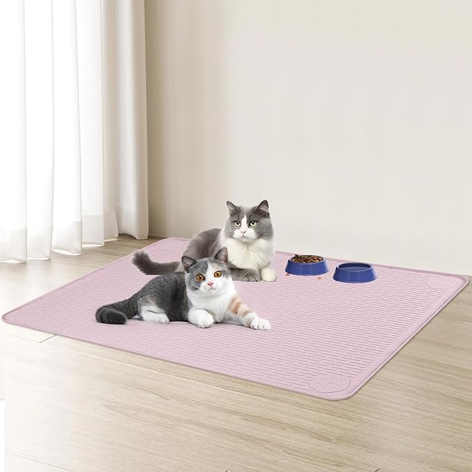 Cat Food Mat, 40" x 28" Extra Large Silicone Pet Feeding Mat with Raised Edge Pet Placemat for Food and Water Bowl Non-Slip, Easy to Clean, Floor Protection (Pink)