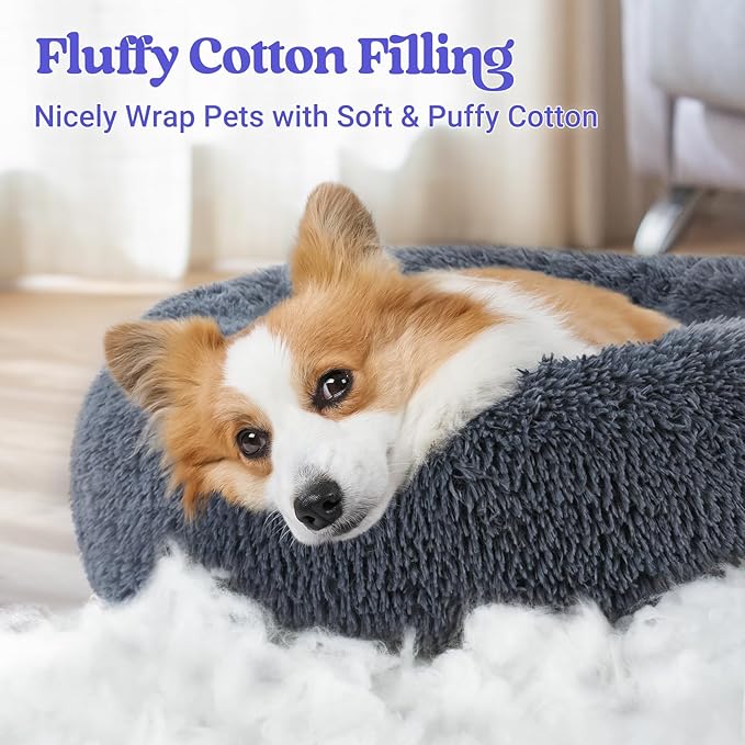 rabbitgoo Calming Dog Bed for Small Medium, 30 inches Pet Bed Machine Washable, Non-Slip Round Fluffy Plush Faux Fur Large Cat Cushion, Soft Donut Cuddler Cushion for Small Dogs, Dark Grey