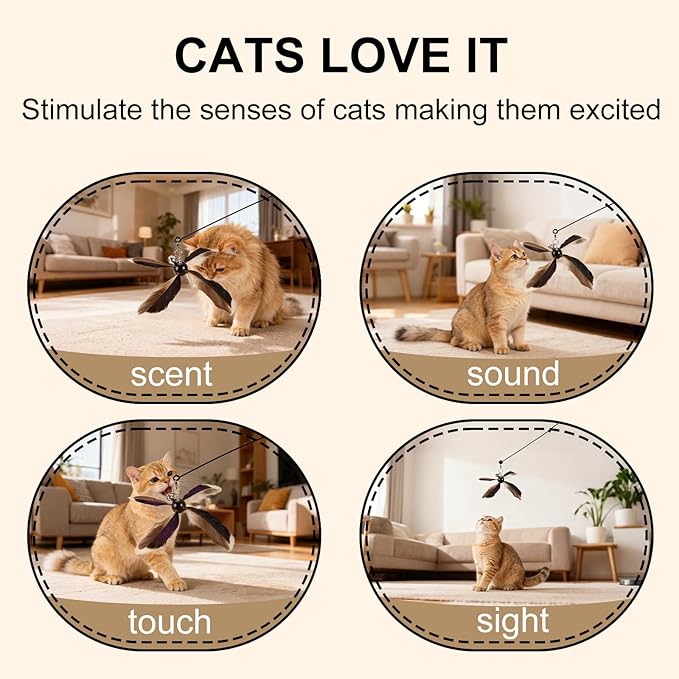 ottmat Cat Wand Toys Interactive for Indoor Cats, 4PC 4-Blade Feather Propeller Refills (Classic Mocha Brown)