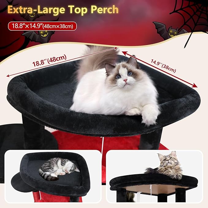 Globlazer Gothic Corner Cat Tree Tower for Large Cat, 66inch Tall Large Goth Cat Tree for Multiple Indoor Cats with 6 Scratching Posts, 2 Spacious Condos, Soft Hammock, Hanging Basket, C66, Red Black