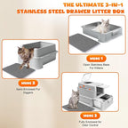 Homegroove Enclosed Stainless Steel Cat Litter Box with Drawer, XL Large Metal Cat Box with Lid for Indoor Cats, Metal Covered Litter Pan with Litter Scoop& Pedal (Light Gray)