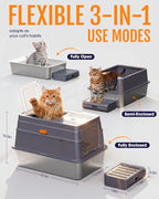 Cat Litter Box - Stainless Steel Litter Box with Lid for Kitty, Metal Base Enclosed Cat Box with Litter Scoop, Elevated Step Box, Activated-Carbon Pack, 17.1" x 13.2" x 15", Grey