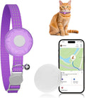 Smart Cat GPS Tracker, Cat Tracker Collar with Safety Elastic Buckle, Compatible with Apple Find My App (Only iOS), No Monthly Fee, Waterproof (White Tracker, Purple Cat Collar)
