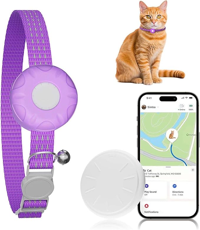 Smart Cat GPS Tracker, Cat Tracker Collar with Safety Elastic Buckle, Compatible with Apple Find My App (Only iOS), No Monthly Fee, Waterproof (White Tracker, Purple Cat Collar)