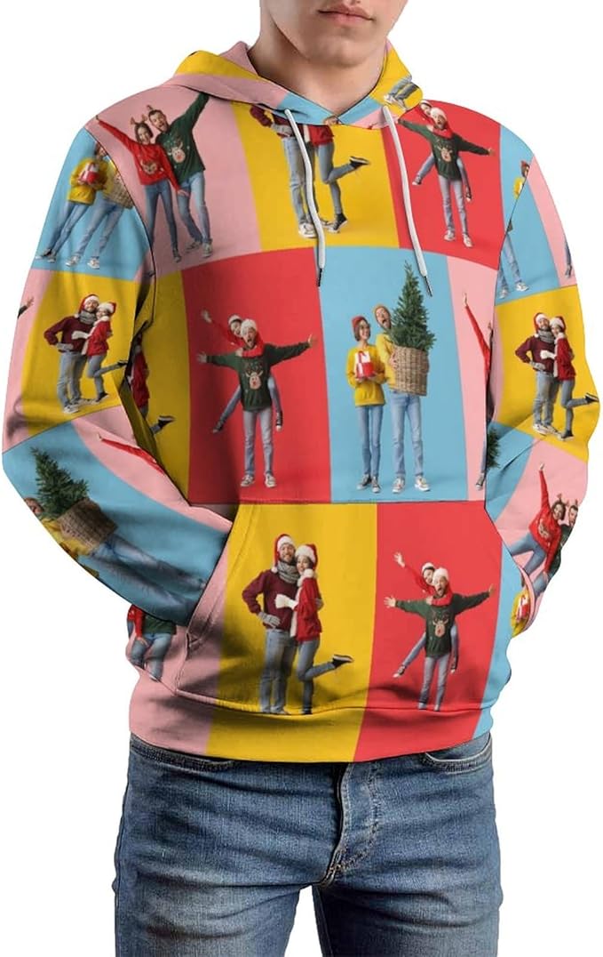 Artsadd Custom Face Unisex athletic Pockets Sweatshirt Loose Hoodie Custom Christmas Long Sleeve Sweatshirt Hooded Pullover