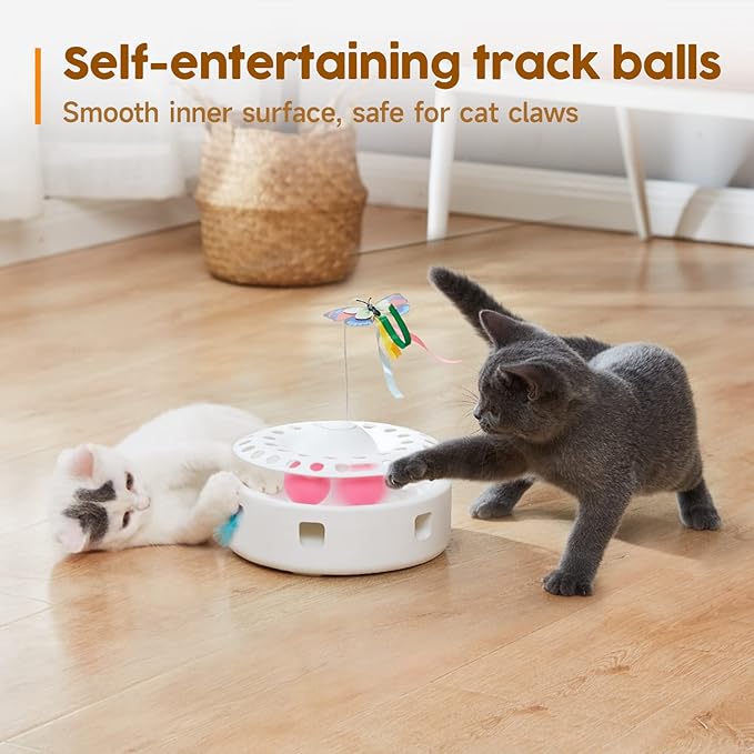 Potaroma Cat Toys 3in1 Automatic Interactive Kitten Toy, Fluttering Butterfly, Moving Feather, Track Balls, Dual Power Supplies, USB Powered, Indoor Exercise Kicker (Bright White)