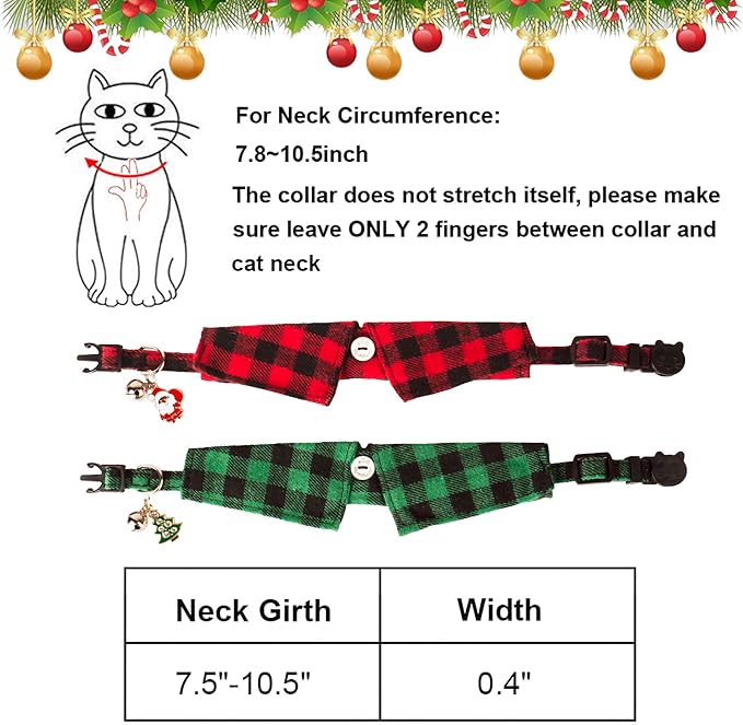 ADOGGYGO Christmas Cat Collars Breakaway with Bow Tie Bell, 2 Pack Red Green Plaid Xmas Kitten Collar with Removable Shirt Collar, Plaid Christmas Collars for Cats Kittens