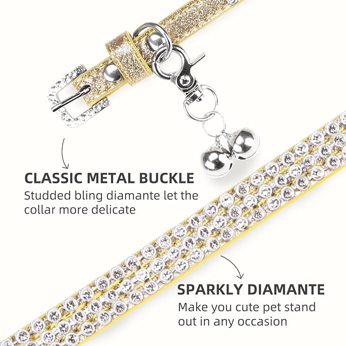 PUPTECK Basic Adjustable Cat Collar with Bling Diamond and Double Bells, for Kitten and Small Puppy, Fashion and Shining Dog Rhinestone Collars, 6-8 in, Gold
