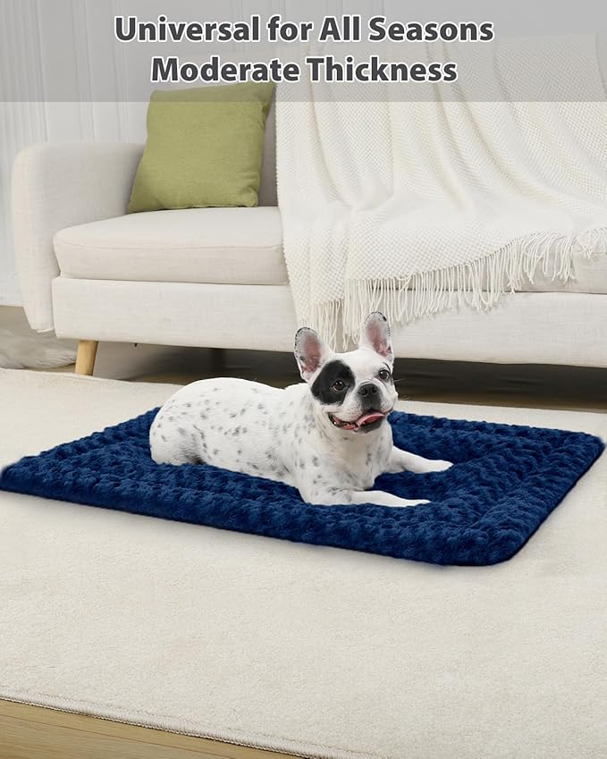 Washable Dog Bed Mat Reversible Dog Crate Pad Soft Fluffy Pet Kennel Beds Dog Sleeping Mattress for Large Jumbo Medium Small Dogs, 41 x 27 Inch, Blue