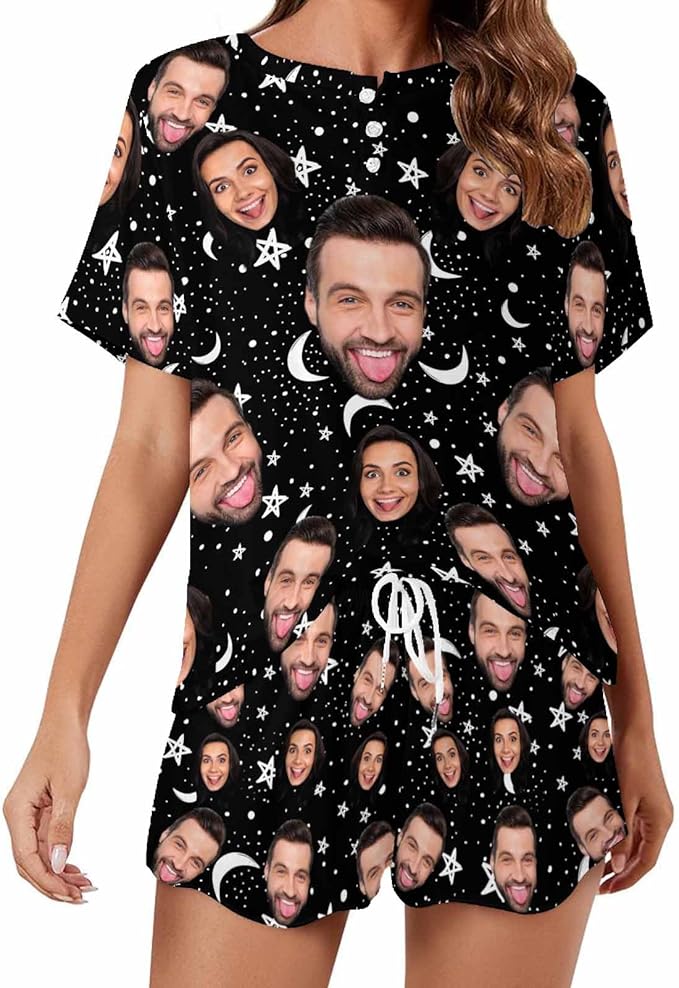 Custom Short Pajamas Set with Face Photo Women‘s Sleepwear Tee Personalized PJ Short Loungewear Set fot Her