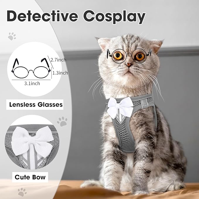 Cat Vest Harness and Leash Set for Walking Escape Proof, Adjustable Kitten Harness Breathable Mesh with Reflective Strips Harness for Kitty Puppy Bunny (Grey,XS)