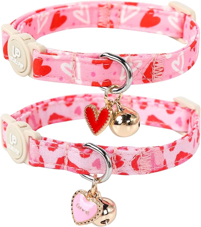 Cat Collar, 2Pack Valentine's Day Kitten Collars Cute Breakaway Cat Collar with Bell, Red Love Heart Pink Hearts Kitty Collars Adjustable Size for Girl and Boy Cats