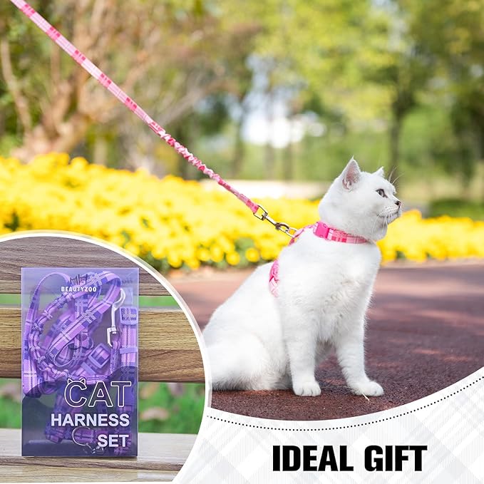 BEAUTYZOO Cat Harness and Leash Set Escape Proof for Walking, Kitten Soft Adjustable Vest Harnesses for Small Medium Large Cats, Easy Control Breathable Plaid Ribbon Nylon for Outdoor Indoor Use