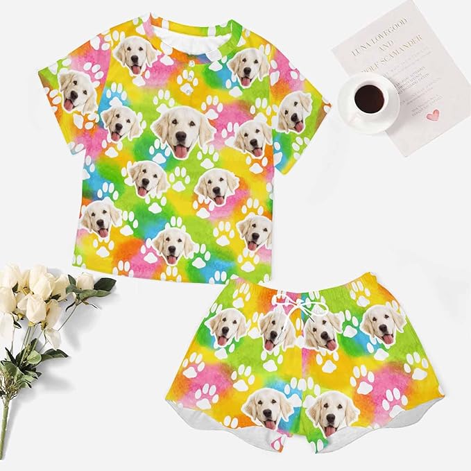 D-Story Custom Short Pajama Set with Pet Face Personalized Photo Sleepwear 2 Pieces Pjs Nightwear Xmas Gift for Women